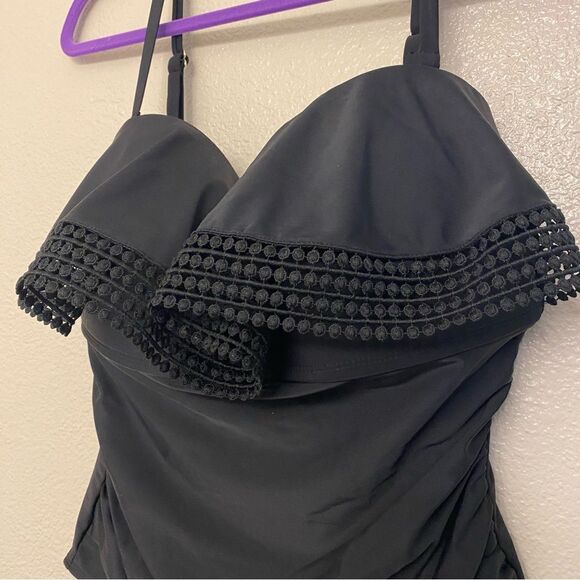 Kona Sol Black Crochet Flounce ruffle High Coverage One Piece Swimsuit L - Picture 4 of 11